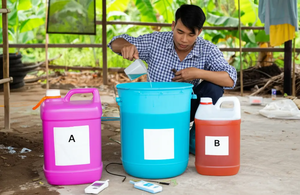 Hai chai dung dịch A và B chứa các nhóm dinh dưỡng riêng biệt.