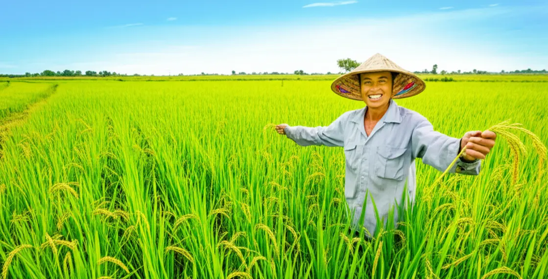 Nông dân Việt Nam đang mỉm cười kiểm tra cánh đồng lúa xanh tốt dưới ánh nắng, biểu tượng cho nông nghiệp hiệu quả và bền vững.