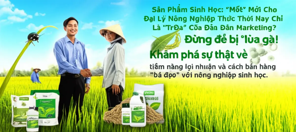 Hình ảnh thực tế đại lý nông nghiệp bắt tay nông dân trên cánh đồng xanh tốt, tượng trưng cho sự hợp tác thành công nhờ sản phẩm sinh học nông nghiệp.