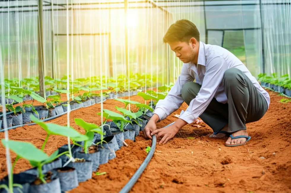 Nông dân cẩn thận trồng cây dưa lưới con vào luống đã chuẩn bị kỹ.