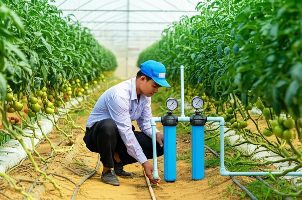 Đầu tưới nhỏ giọt cung cấp nước chính xác đến vùng rễ cây xà lách trong nhà kính.