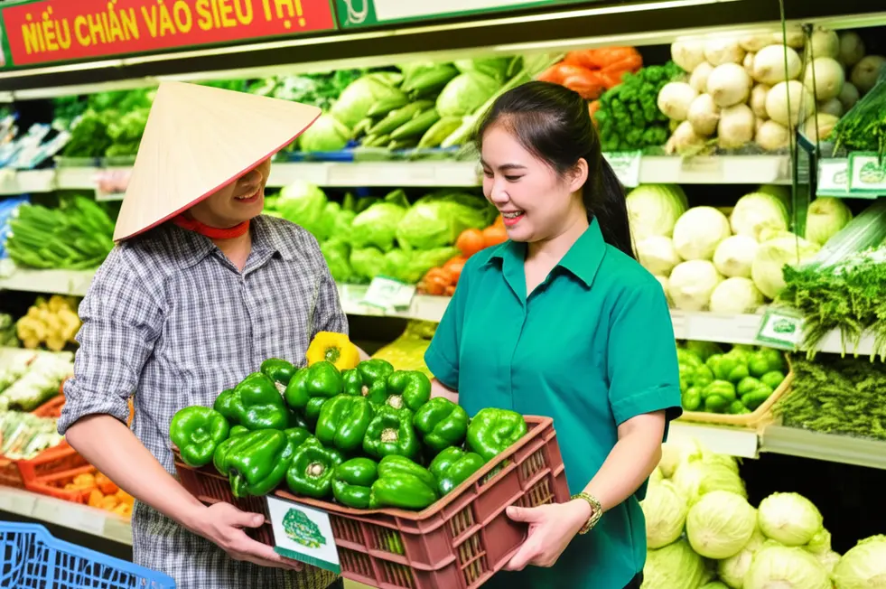 Nông dân và quản lý siêu thị kiểm tra chất lượng nông sản sạch đạt chuẩn VietGAP.