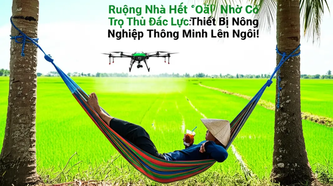 Nông dân thảnh thơi nghỉ ngơi trong khi drone đảm nhiệm việc phun thuốc.