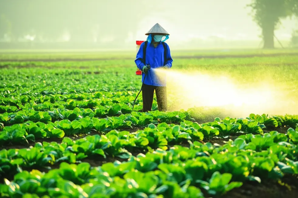Biểu hiện lá cây bị cháy vàng do ảnh hưởng của thuốc trừ sâu phun không đúng cách.