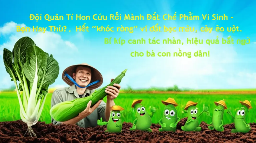 Ảnh nông dân Việt Nam tươi cười khoe rau củ khổng lồ, phía trước là hình ảnh vi sinh vật hoạt hình vui nhộn, tượng trưng cho hiệu quả của chế phẩm vi sinh.