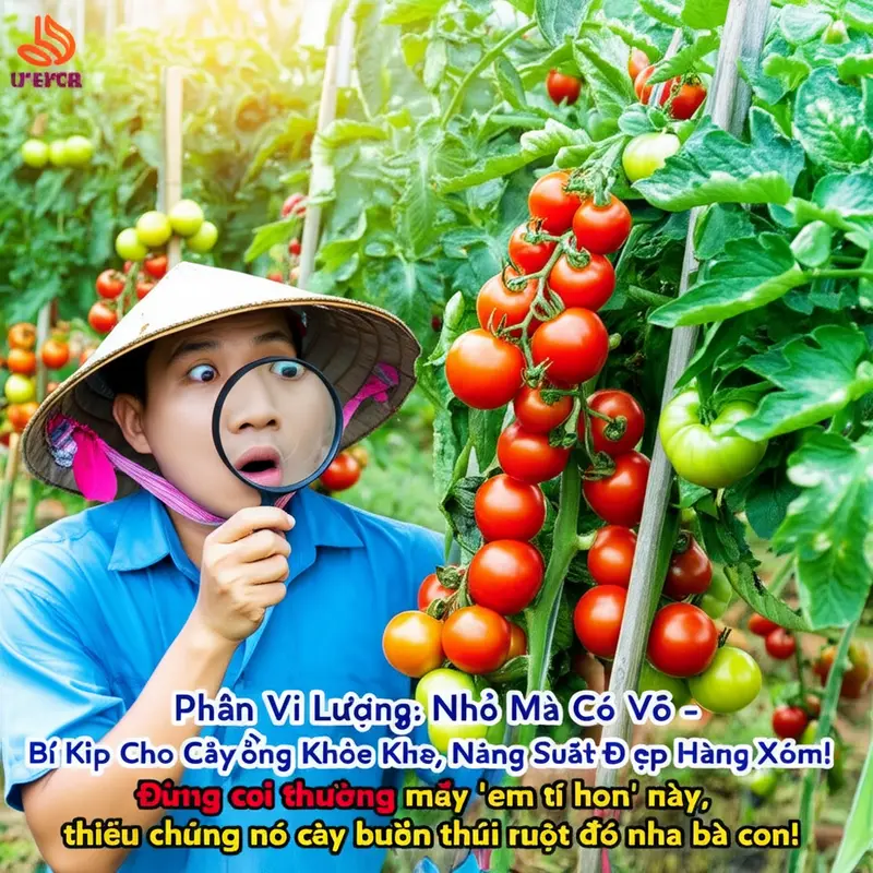 Nông dân Việt Nam đội nón lá, vui vẻ dùng kính lúp xem cây cà chua khỏe mạnh, sai trĩu quả đỏ mọng - thành quả của việc bổ sung đủ phân vi lượng.