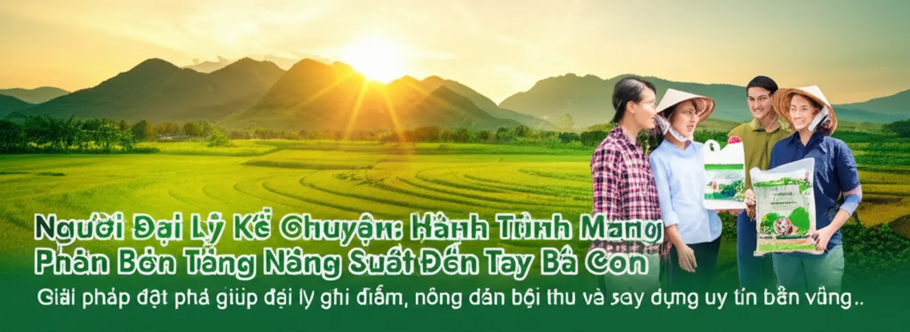 Khung cảnh nông trại Việt Nam trù phú với nông dân và đại lý nông nghiệp đang vui vẻ trao đổi về phân bón sinh học.