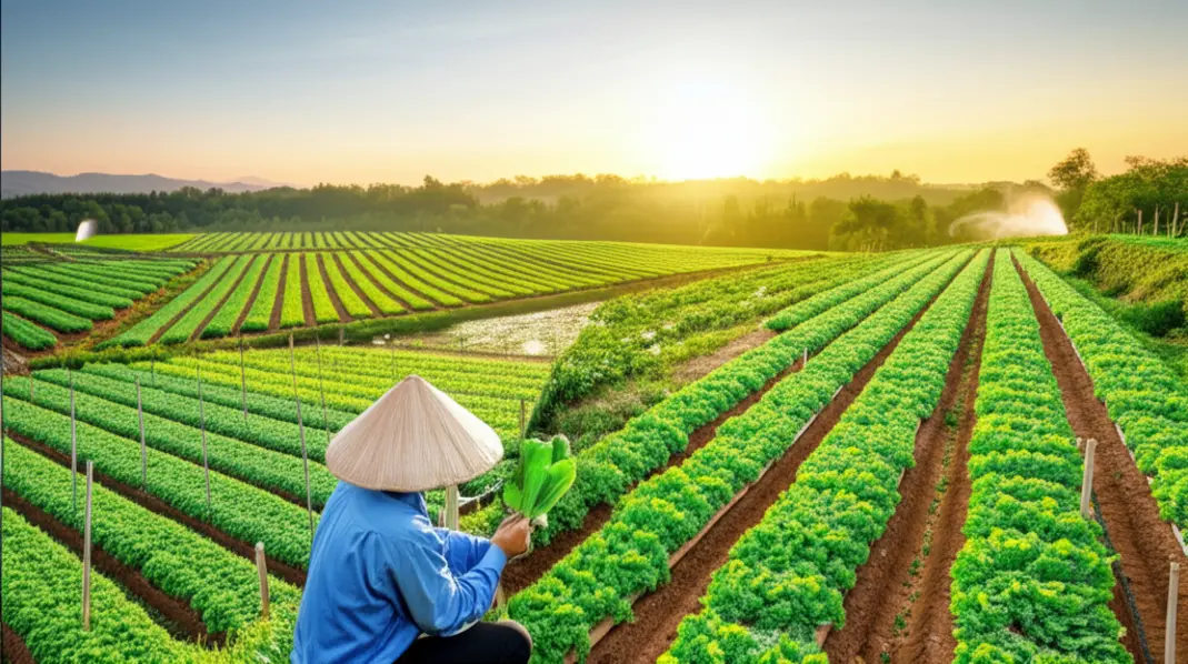 Toàn cảnh một nông trại Việt Nam hiện đại, cây trồng xanh tốt dưới ánh bình minh, thể hiện sự thành công của việc đầu tư vào nông nghiệp chất lượng cao.