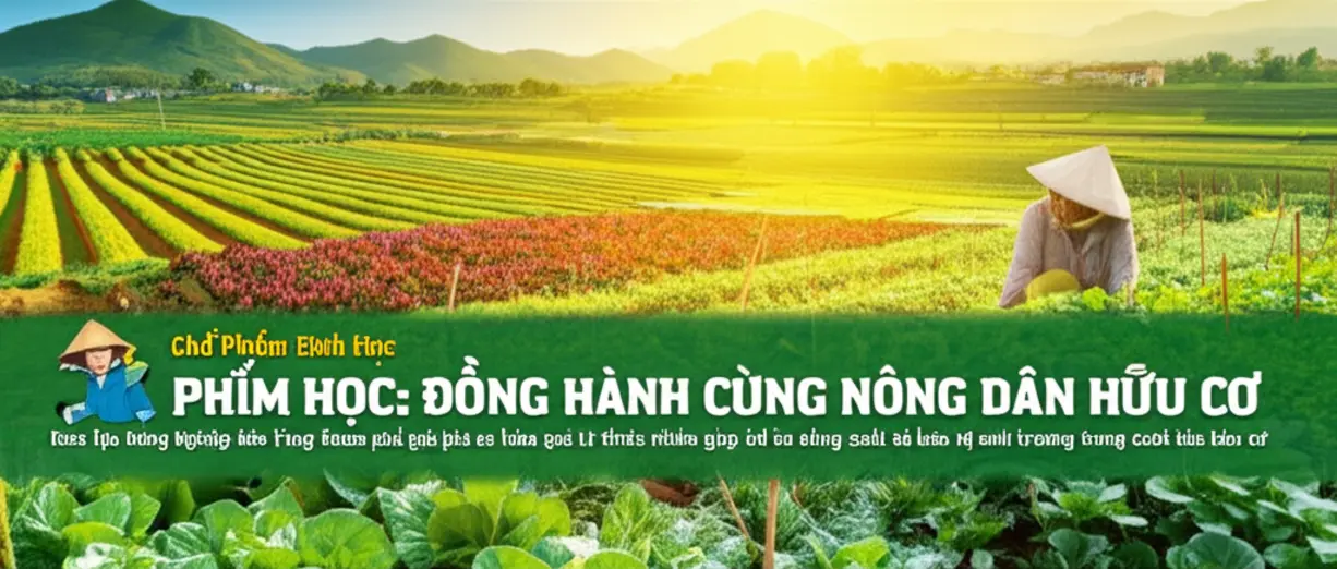 Toàn cảnh nông trại hữu cơ Việt Nam với cây trồng tươi tốt, nông dân đang làm việc dưới ánh nắng, thể hiện sự thành công của canh tác bằng chế phẩm sinh học.