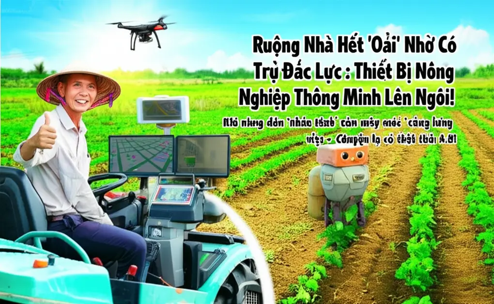 Ảnh chụp nông dân Việt Nam ngồi trên máy kéo hiện đại có màn hình GPS, robot đang làm cỏ và drone bay trên cánh đồng, thể hiện nông nghiệp thông minh.