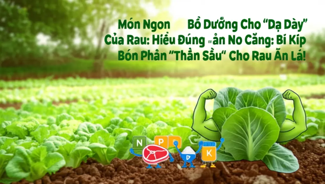 Cây rau xà lách xanh mướt đang gồng lá khoe sức mạnh, bên cạnh là biểu tượng vui của Đạm (N), Lân (P), Kali (K).