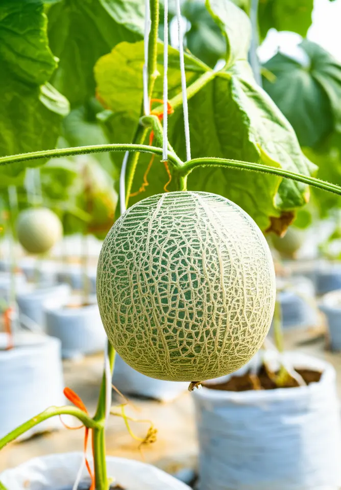 Nông dân cẩn thận trồng cây dưa lưới con vào luống đã chuẩn bị kỹ.
