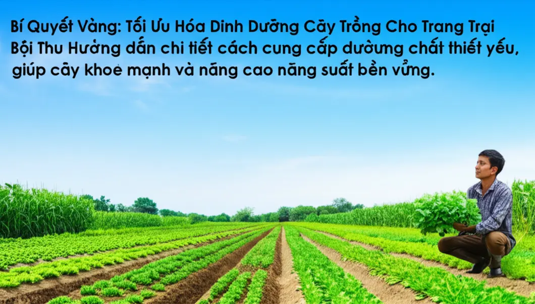 Toàn cảnh một trang trại xanh tốt với nhiều loại cây trồng phát triển mạnh mẽ, tượng trưng cho thành công của việc quản lý dinh dưỡng cây trồng hiệu quả.