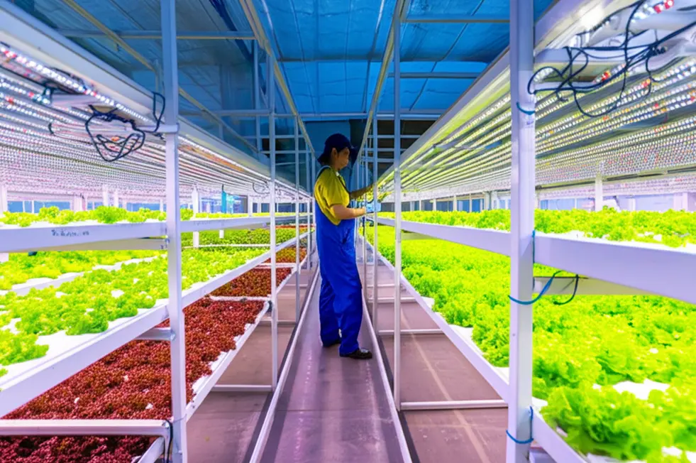 Toàn cảnh trang trại thủy canh hiện đại với hàng luống rau xanh mướt dưới ánh đèn LED, thể hiện nền nông nghiệp công nghệ cao.