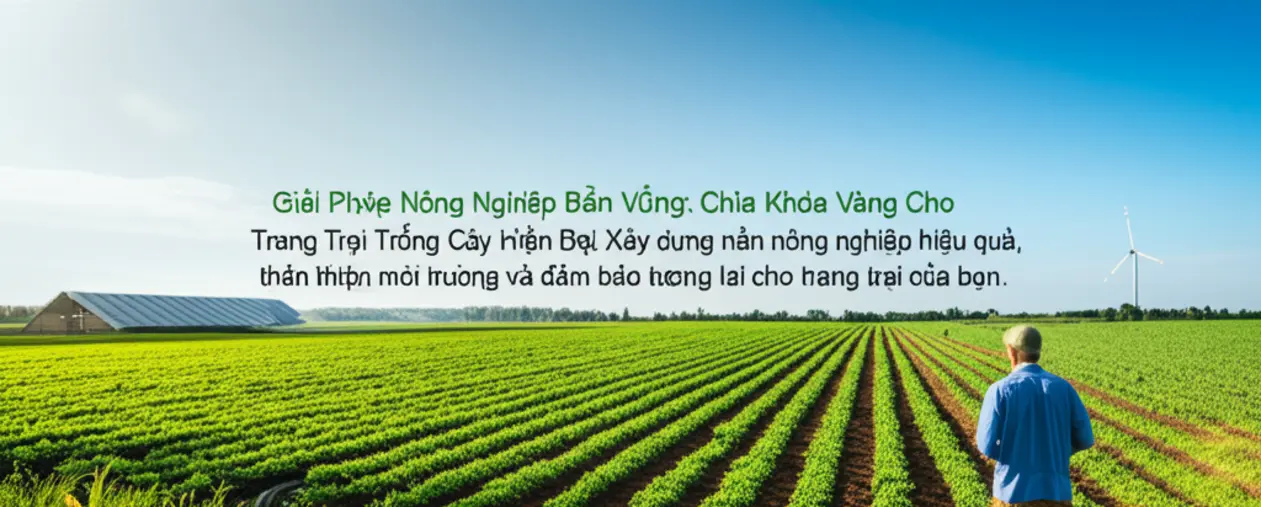 Toàn cảnh trang trại trồng cây xanh tươi, áp dụng nông nghiệp bền vững với hệ thống tưới tiết kiệm, cây trồng đa dạng, hàng rào cây xanh và năng lượng mặt trời.