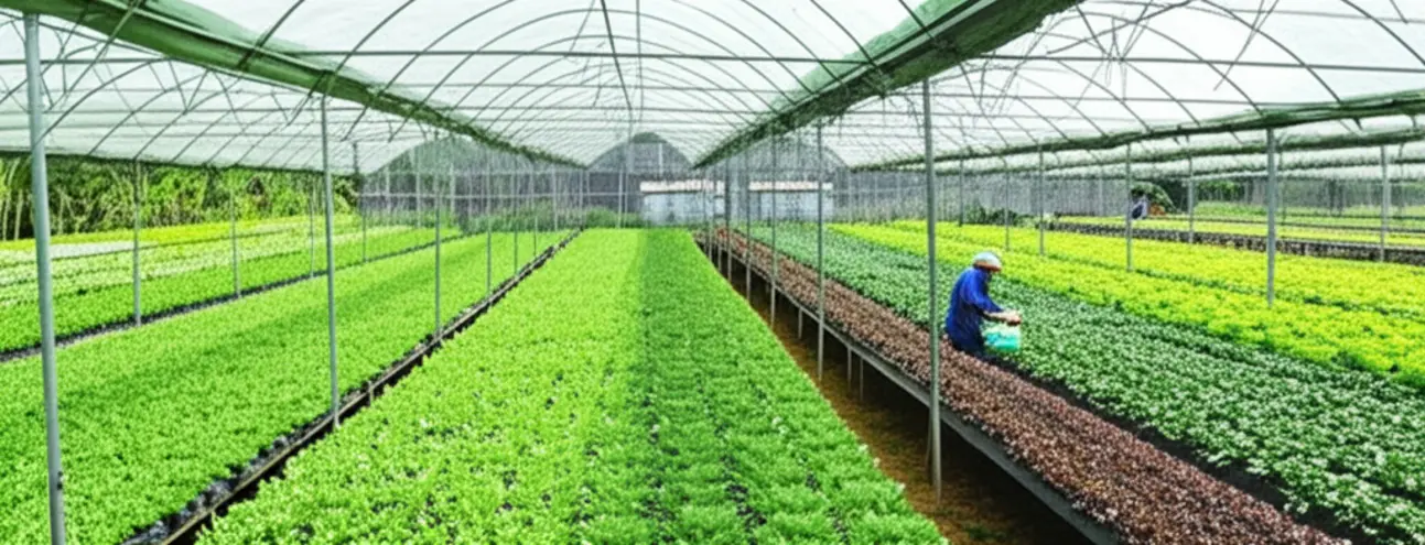 Toàn cảnh một trang trại trồng cây xanh tốt, hiện đại với nông dân đang kiểm tra cây trồng, thể hiện việc áp dụng phương pháp canh tác bền vững và thuốc bảo vệ thực vật sinh học.