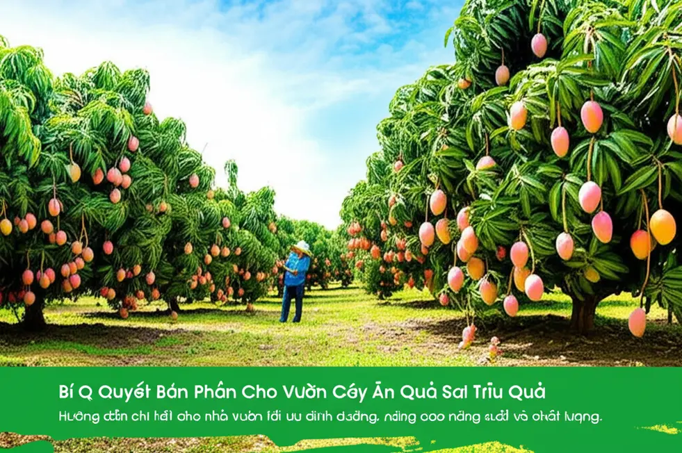 Toàn cảnh một vườn cây ăn quả đa dạng, trĩu nặng trái cây chín mọng dưới ánh nắng, thể hiện sự thành công của kỹ thuật canh tác.