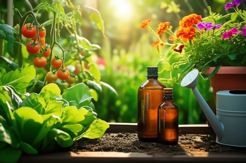 Hình ảnh một khu vườn gia đình rực rỡ với rau củ và hoa đang phát triển mạnh mẽ, phía trước là hai chai phân bón A và B cùng bình tưới, tượng trưng cho bí quyết chăm sóc cây hiệu quả.