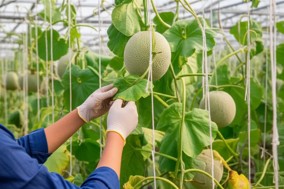 Vườn ươm dưa lưới con hiện đại trong nhà màng.