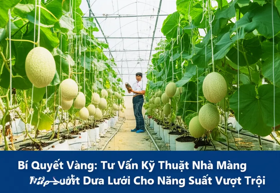 Nhà màng dưa lưới hiện đại với hệ thống kiểm soát khí hậu và tưới tiêu tự động.