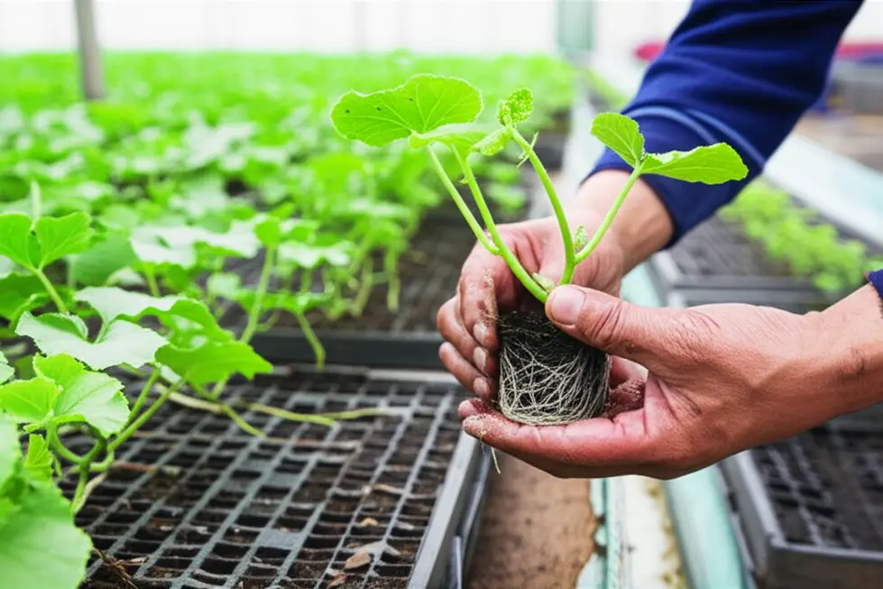 Nhà màng dưa lưới hiện đại với hệ thống kiểm soát khí hậu và tưới tiêu tự động.