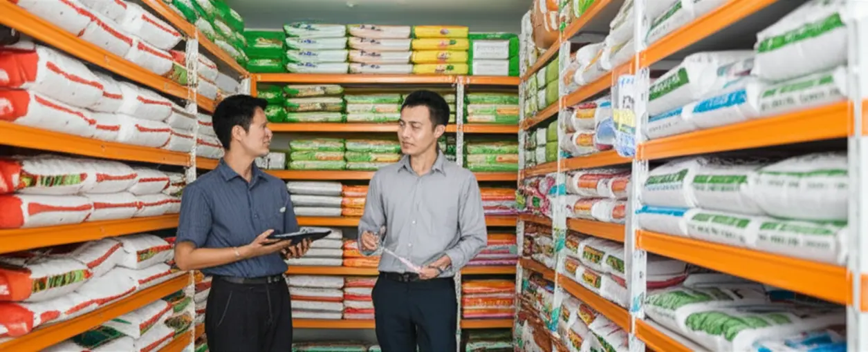 Một đại lý nông nghiệp đang tư vấn cho nông dân về các loại phân bón được trưng bày trên kệ hàng.
