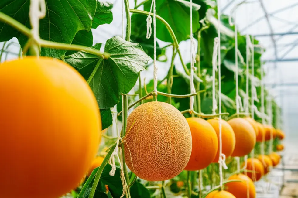 Những quả dưa lưới chín mọng trên giàn trong nhà kính.