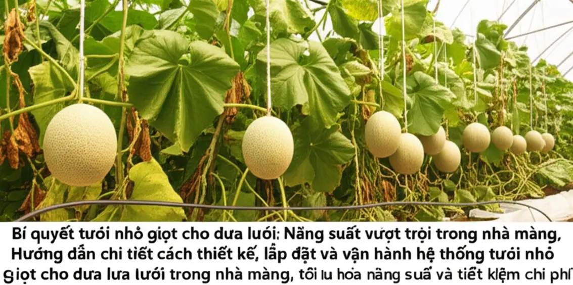 Vườn dưa lưới trong nhà màng với hệ thống tưới nhỏ giọt.