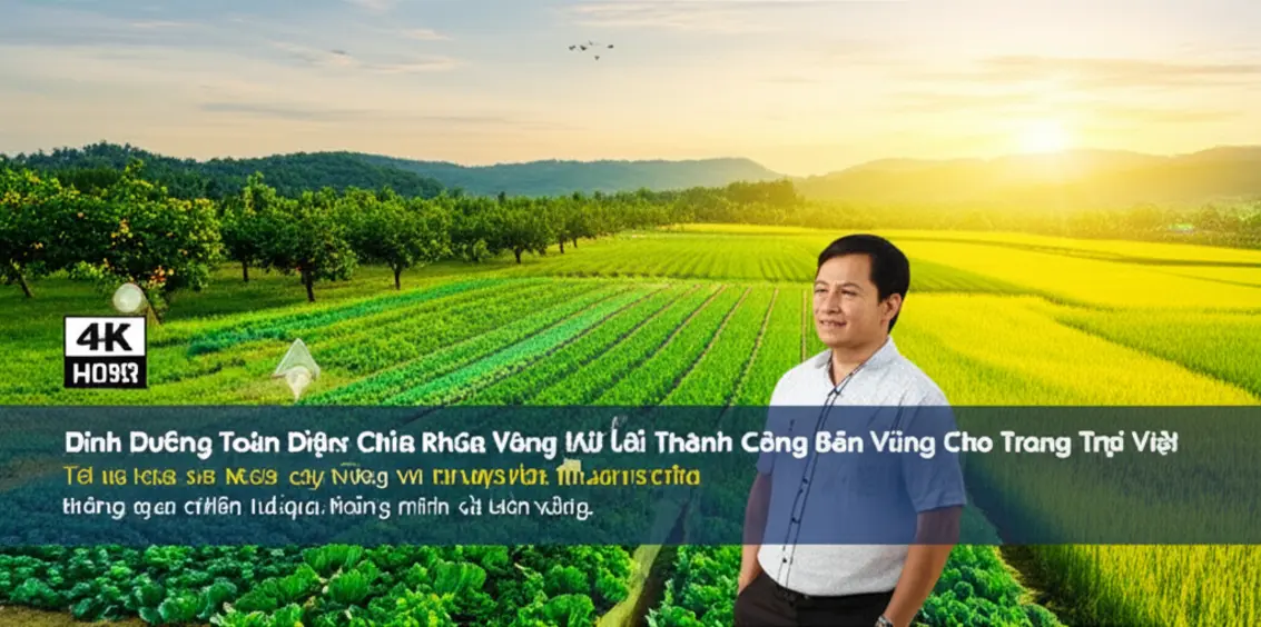 Toàn cảnh một trang trại Việt Nam trù phú với cây trồng xanh tốt dưới ánh bình minh, tượng trưng cho thành công của giải pháp dinh dưỡng toàn diện.