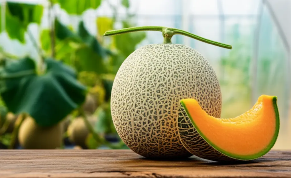 Cận cảnh quả dưa lưới Nhật Bản với vân lưới nổi rõ, một miếng nhỏ được cắt ra để lộ phần ruột cam hấp dẫn, trồng trong nhà kính hiện đại.