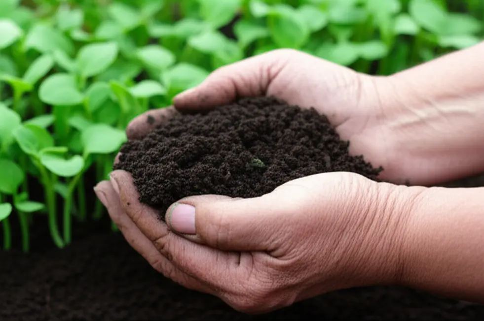 Nông dân đang cẩn thận xem xét bao phân hữu cơ tại cửa hàng vật tư nông nghiệp.