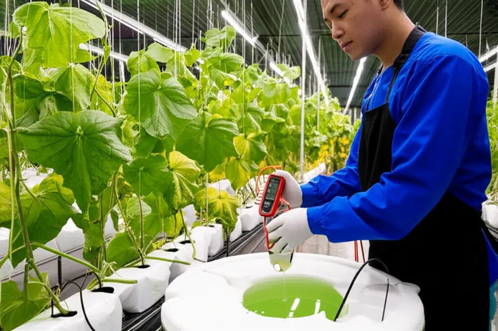 Lá dưa lưới thể hiện dấu hiệu thiếu hụt dinh dưỡng trong hệ thống thủy canh.