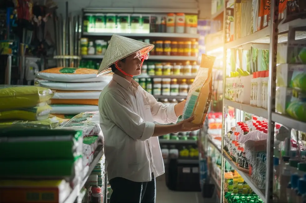 Nông dân đang cẩn thận xem xét bao phân hữu cơ tại cửa hàng vật tư nông nghiệp.