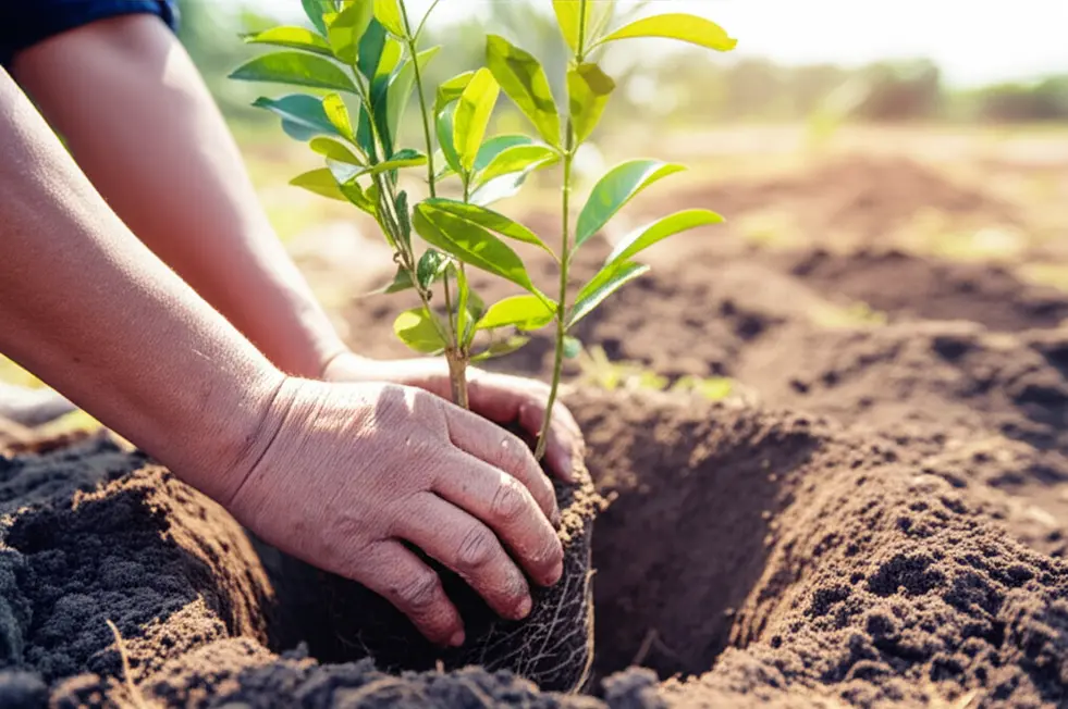 Bàn tay nông dân cẩn thận đặt cây giống vào hố trồng đã chuẩn bị kỹ lưỡng.