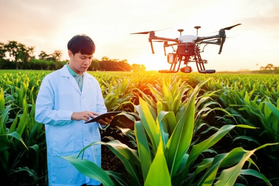 Kỹ thuật viên nông nghiệp đứng giữa cánh đồng xanh tốt vào bình minh, tay cầm máy tính bảng hiển thị dữ liệu phân tích, phía trước có drone đang bay - thể hiện nông nghiệp chính xác.