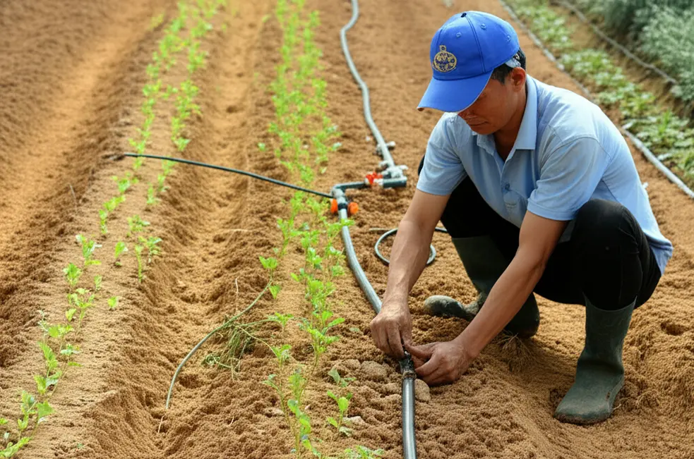 Hệ thống tưới nhỏ giọt cung cấp nước trực tiếp đến rễ rau, tối ưu hóa sự hấp thu.
