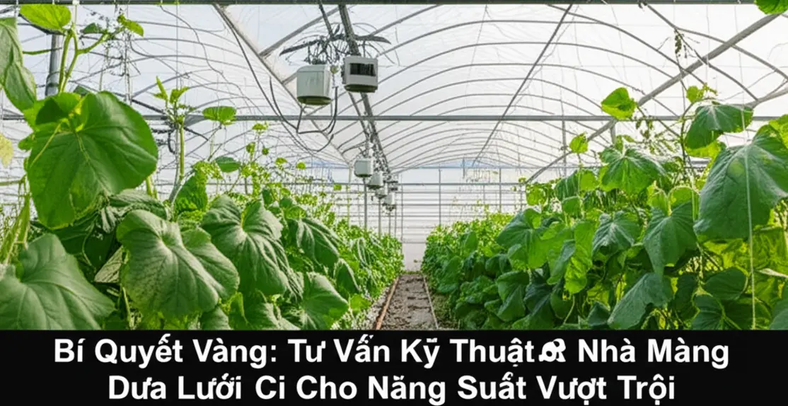 Nhà màng dưa lưới hiện đại với hệ thống kiểm soát khí hậu và tưới tiêu tự động.
