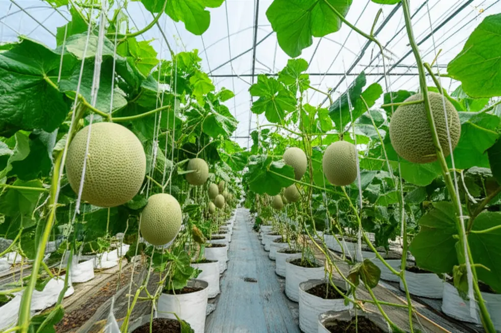 Vườn dưa lưới xanh tốt, năng suất cao.