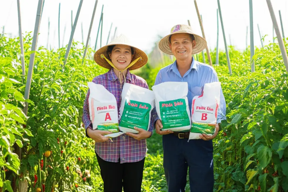 Hình ảnh cặp vợ chồng nông dân Việt Nam hạnh phúc đứng giữa ruộng cây tươi tốt, cầm túi phân bón A và B, thể hiện sự thành công của mùa vụ.