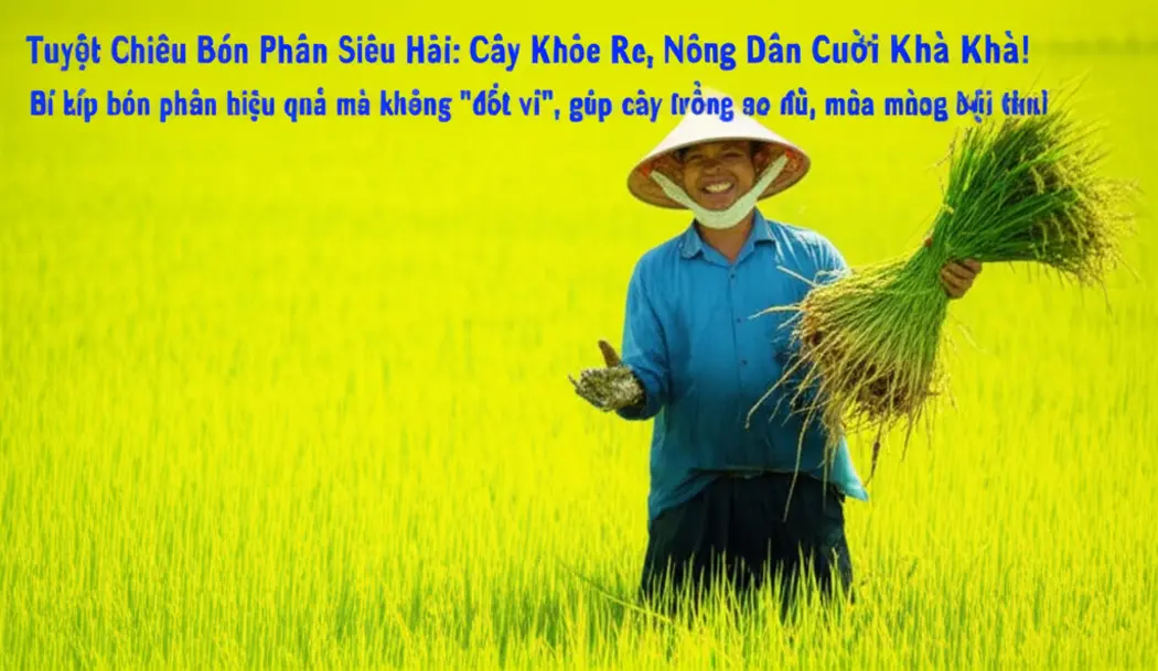 Nông dân Việt Nam cười tươi hạnh phúc giữa cánh đồng lúa xanh tốt, bội thu nhờ áp dụng cách bón phân hiệu quả.