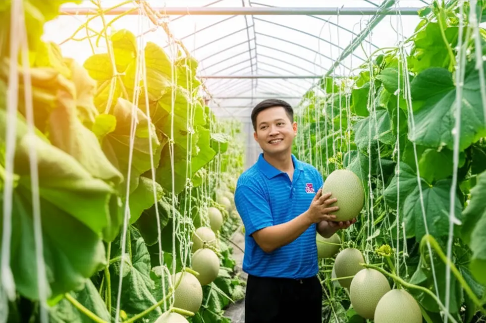 Ảnh toàn cảnh nông trại dưa lưới với những hàng dưa trĩu quả.
