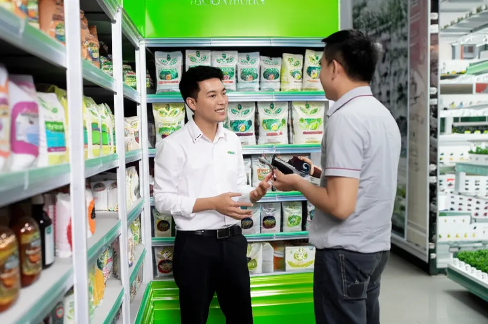 Không gian trưng bày phân bón mix A và B tại một đại lý nông nghiệp, nhân viên đang tư vấn cho khách hàng.