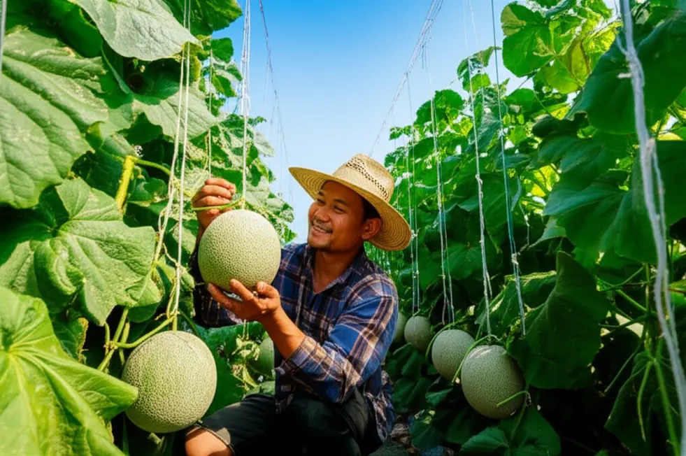 Hình ảnh vườn dưa lưới với những trái dưa chín mọng.