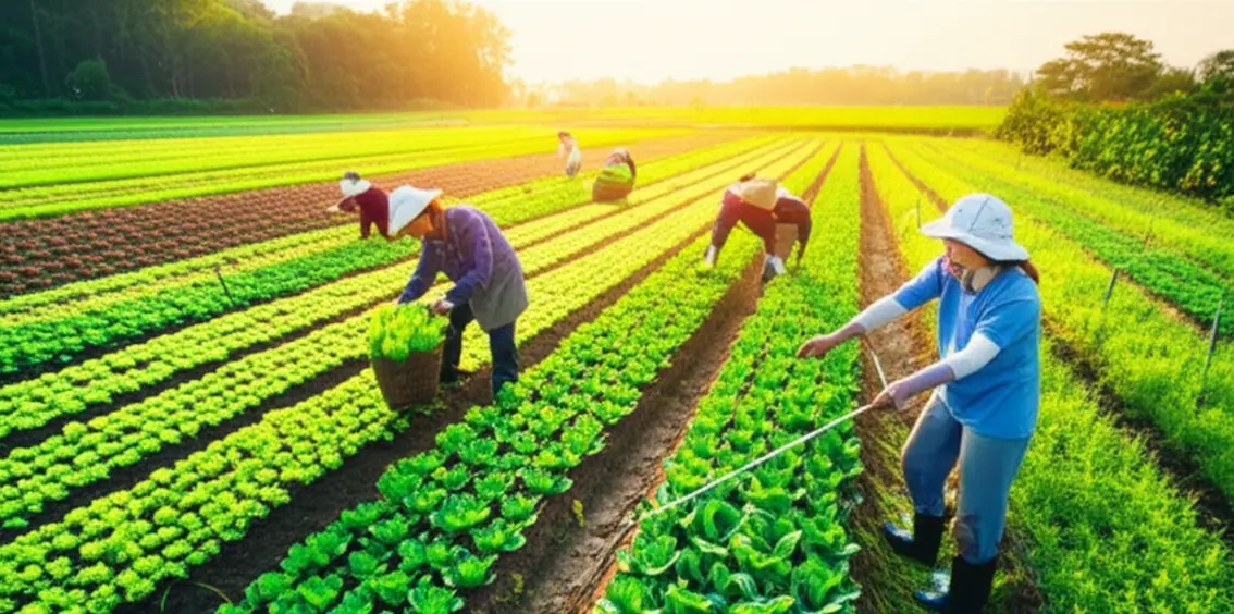 Toàn cảnh trang trại rau màu trù phú tại Việt Nam với nông dân đang làm việc, thể hiện sự thành công của kỹ thuật trồng rau hiện đại và bền vững.