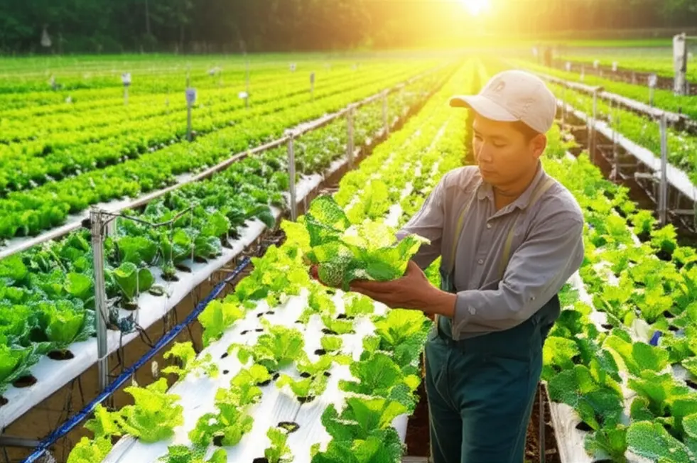 Một trang trại cây trồng xanh tốt dưới ánh nắng ban mai, nông dân đang kiểm tra lá cây, thể hiện sự chăm sóc và kỹ thuật canh tác tiên tiến.