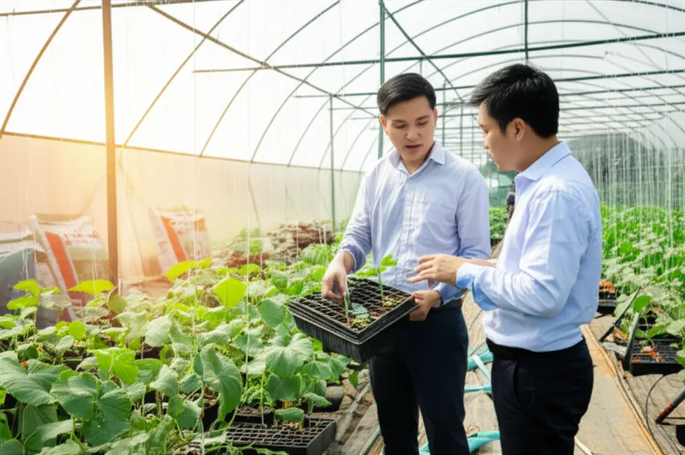 Chuyên gia tư vấn hướng dẫn nông dân mới các kỹ thuật cơ bản trong giai đoạn chuẩn bị trồng dưa lưới.