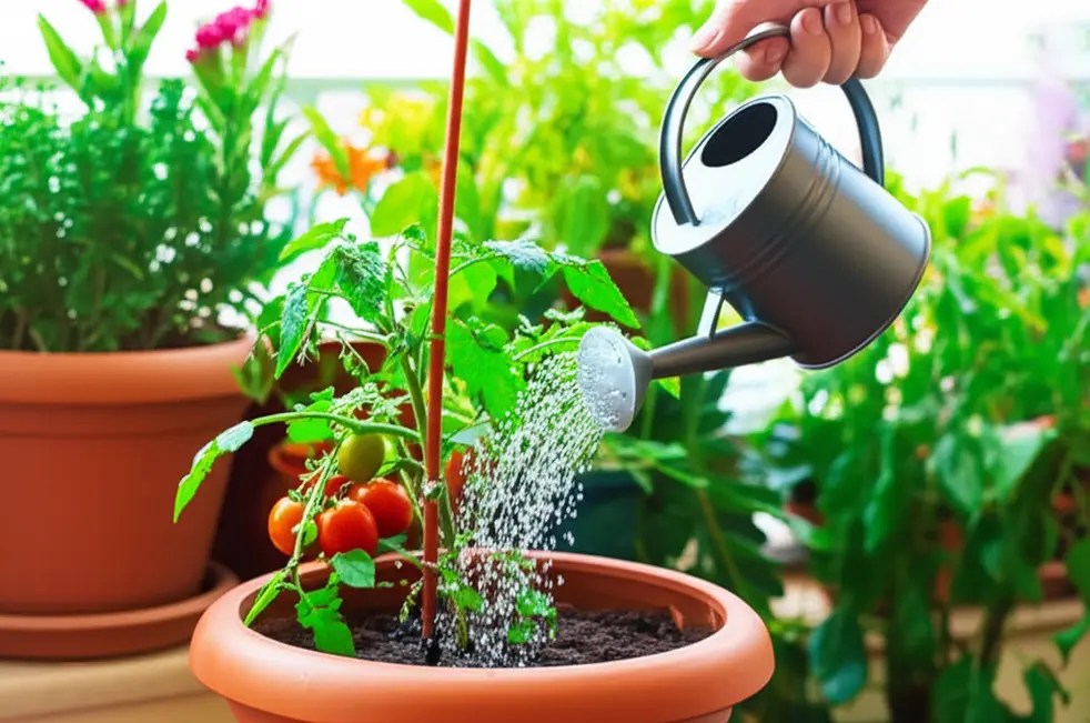 Người làm vườn đang cẩn thận tưới dung dịch phân bón vào gốc cây cà chua trong chậu, minh họa cách tưới phân đúng cách.