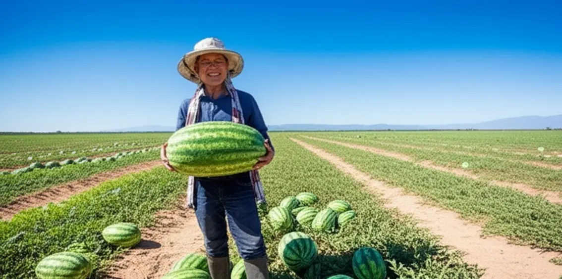 Ruộng dưa hấu trĩu quả với người nông dân đang thu hoạch.