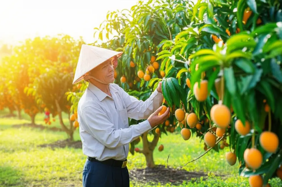 Nông dân Việt Nam đang kiểm tra trái cây chín trong vườn cây ăn quả trĩu quả, thể hiện sự thành công của mùa vụ.