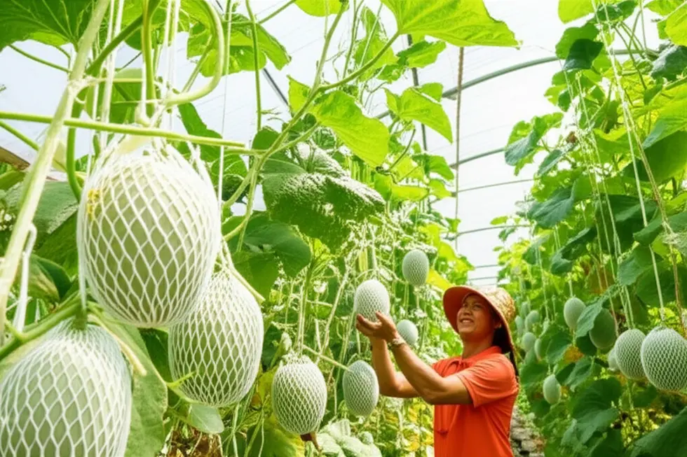 Vườn dưa lưới trĩu quả với hệ thống giàn kiên cố.